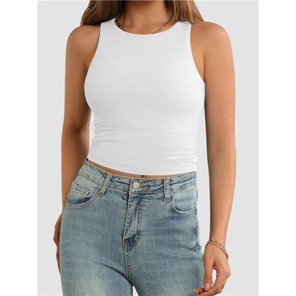 Womens Double Lined Crop Tank Tops Casual Basic Shirts Sleeveless - Picture 2 of 7